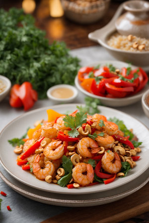 Shrimp salad with cashew nuts and red pepper, selective focusの素材