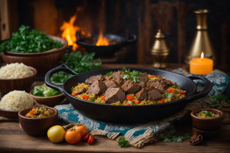 Traditional turkish pilaf with rice and meat in a frying panの素材