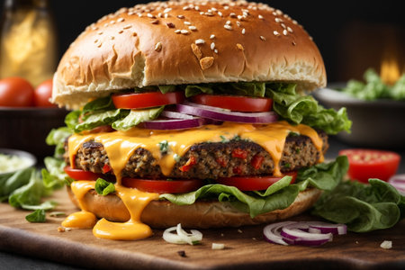 Cheese burger - American cheese burger with fresh vegetables and ketchupの素材