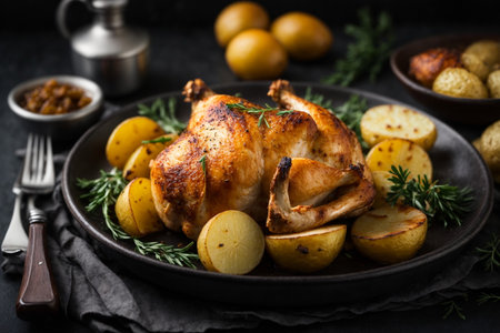 Roasted whole chicken with potatoes and rosemary on a plate.の素材
