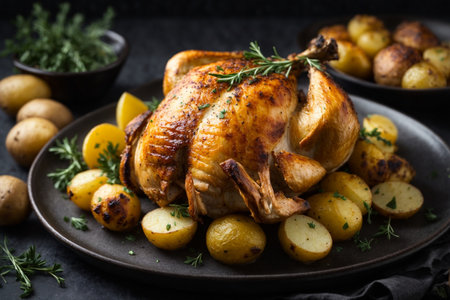 Roasted whole chicken with potatoes and herbs on a dark background.の素材