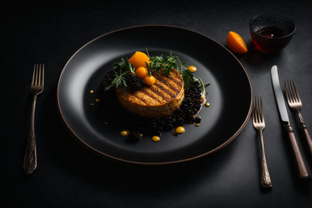 Fried meat with black caviar on a black plate. Black background.の素材