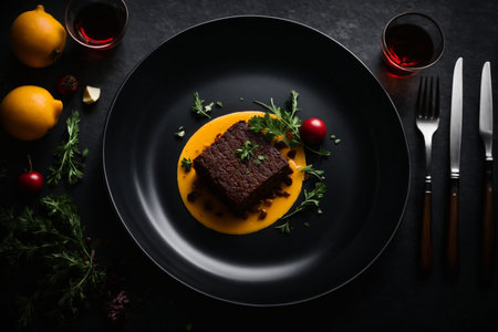 Piece of beef tenderloin with sauce on a black plateの素材