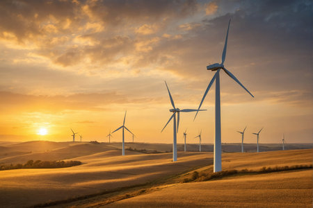 Wind turbines at sunset in a wind farm in the countryside.の素材