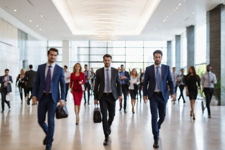 Group of business people walking in a modern office building. This is a shallow depth of fieldの素材