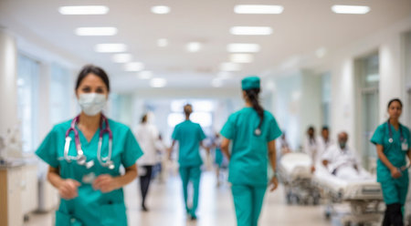 Blurred image of doctors and nurses in the corridor of hospital.の素材