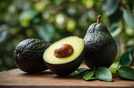 Avocado fruits on wooden table and green leaves background. Closeup.の素材