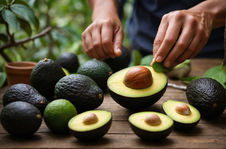 Closeup of woman hands cutting avocado on wooden table in garden.の素材