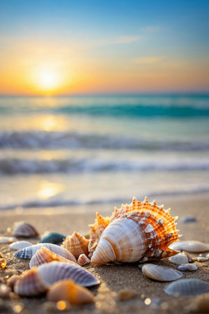 Seashells on the beach at sunset. Vacation conceptの素材