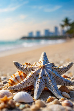 Starfish and seashells on the sandy beach with city in the backgroundの素材