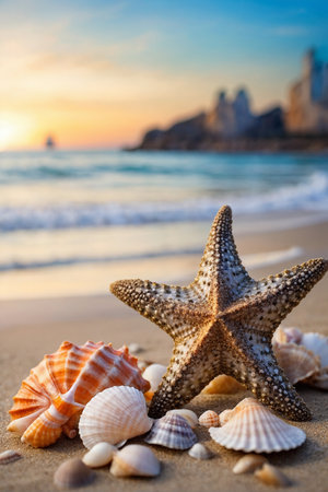 Starfish and seashells on the beach at sunset. Spainの素材