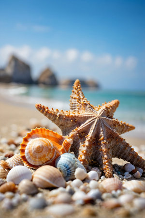 Seashells and starfish on the beach. Summer backgroundの素材