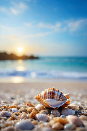 Seashells on the beach at sunset. Beautiful summer backgroundの素材