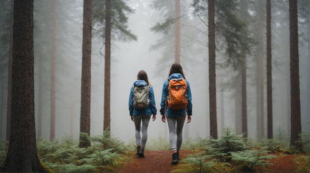 Back view of two girls with backpacks hiking in the misty forestの素材