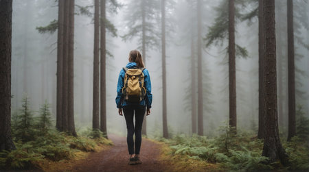 Back view of young woman with backpack walking on forest path in the fogの素材