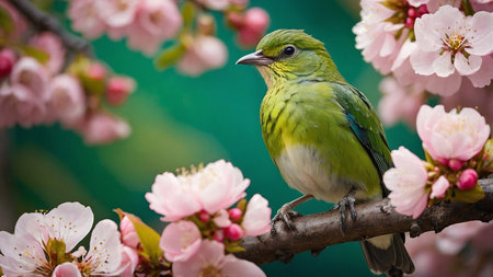 Beautiful white-eye bird sitting on a branch with pink flowersの素材