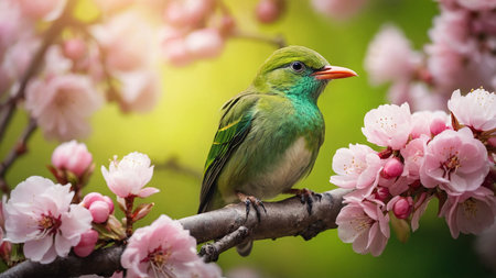 Beautiful green bird sitting on a branch with pink sakura flowersの素材