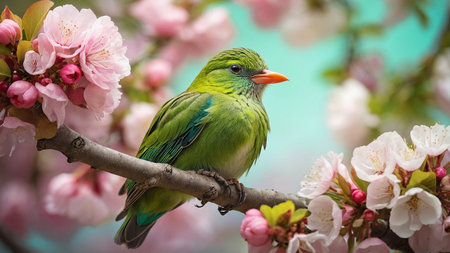 Beautiful green bird on a branch of a blossoming cherry treeの素材