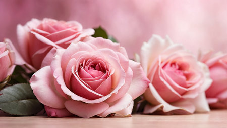Bouquet of pink roses on a wooden background. Close-up.の素材