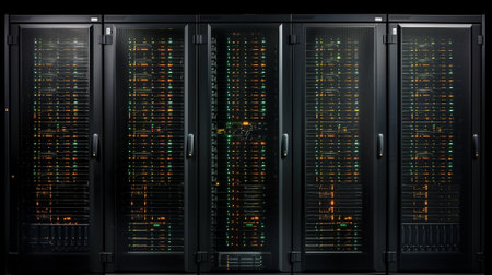 Network server room with multiple rows of fully functioning server racks. Modern telecommunicationsの素材