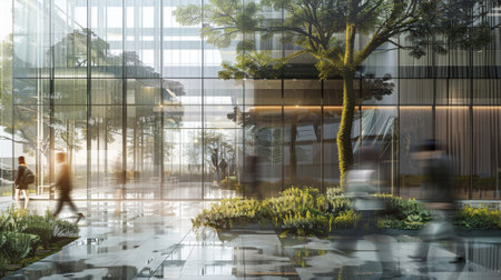 Business people walking in the city with modern office building in the backgroundの素材