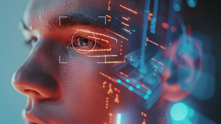 Cyber security and data protection concept. Close up of man's eye with cyber security hologram.の素材