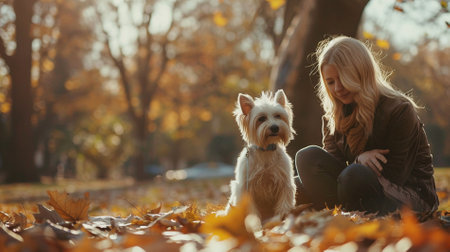 A woman is playing with her little white dog in an outdoor park.の素材