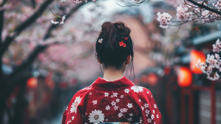 Back view of beautiful Asian woman wearing red kimono in cherry blossom in Japan.の素材