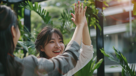 Beautiful asian businesswoman giving high five to her colleague in the office.の素材