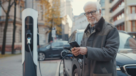 Elderly man charging his electric car at a charging station.の素材