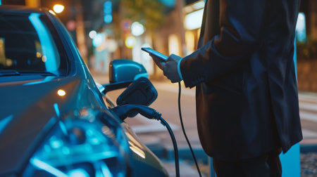 Close-up of a man charging an electric car in the city at nightの素材