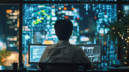 Back view of businessman sitting at desk in front of computer monitor with stock market chart.の素材