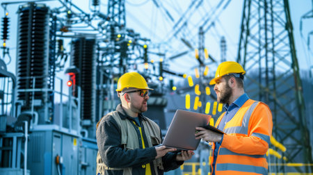 Engineers working in electrical substation. Electricity industry and engineering concept.の素材