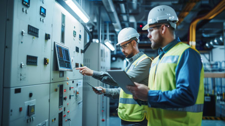 Engineer and factory worker working on electric panel in a factory.の素材