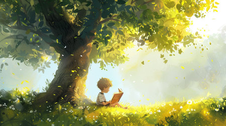 A boy sitting and reading a book under a tree,  Education and reading concept Imagination developmentの素材