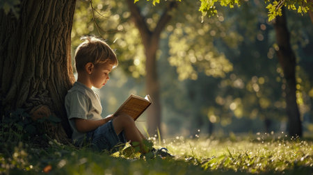 A boy sitting and reading a book under a tree,  Education and reading concept Imagination developmentの素材