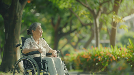 Asian elderly woman sitting in a wheelchair outdoors in the park, physical therapy for health, elderly societyの素材