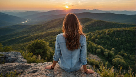 Young woman sitting on the edge of a cliff and watching the sunset.の素材