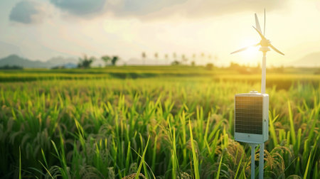 Wind turbine and solar panel on rice paddy field with sunset sky backgroundの素材