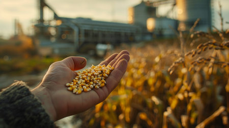 Farmer hand holding corn in corn field with an industrial processing plant background.の素材