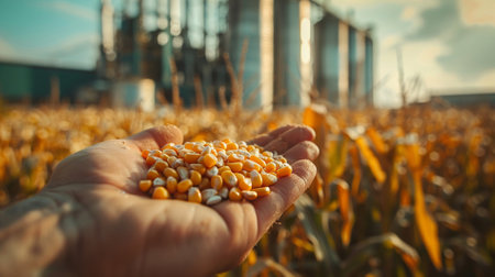 Close-up of a hand holding a corn on a corn field with an industrial processing plant background.の素材