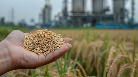 Rice in the hands of a farmer with an industrial processing plant background.の素材