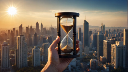 Hourglass in hand with cityscape background. Time passing concept.の素材