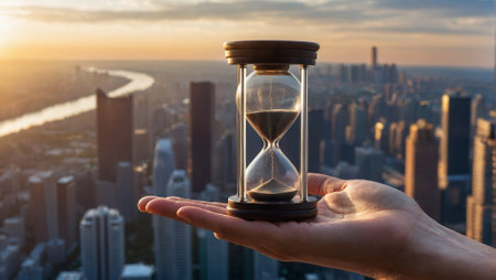 Hourglass in hand against the background of the city. Time management conceptの素材