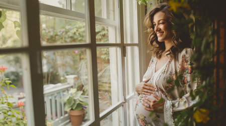 Beautiful pregnant woman standing near the window and holding her belly.の素材