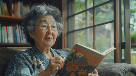 Asian senior woman reading a book in the living room at home.の素材