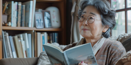 asian senior woman reading book on sofa in living room at homeの素材