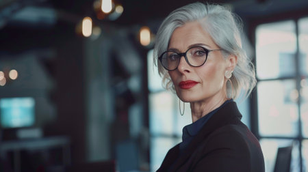 Portrait of mature businesswoman in eyeglasses looking at cameraの素材