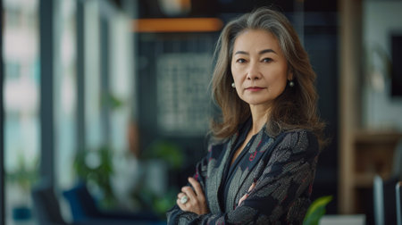 Portrait of Asian businesswoman standing with arms crossed in office.の素材