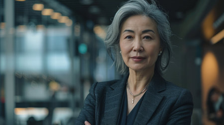 Portrait of mature businesswoman standing in office lobby with arms crossedの素材